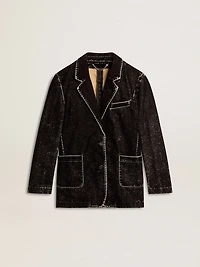 Women's black denim jacket with a velvet effect