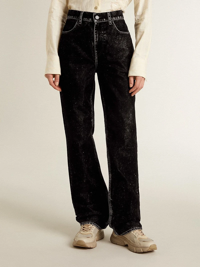 Women's black jeans with a velvet-like wash effect