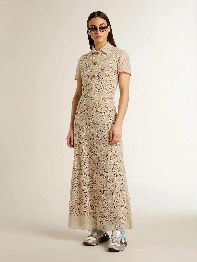 Women's midi dress cream-colored see-through lace