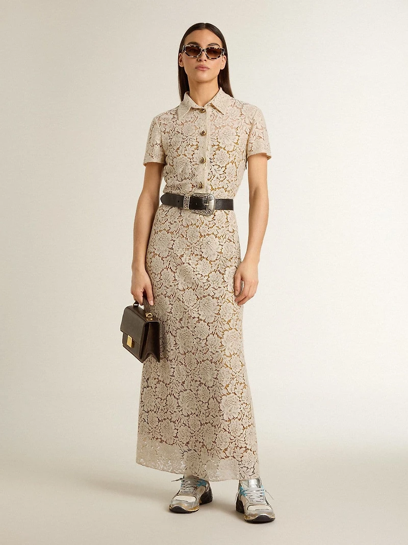 Women's midi dress cream-colored see-through lace