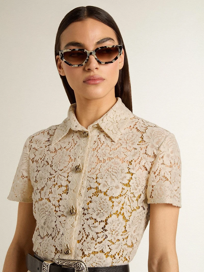Women's midi dress cream-colored see-through lace