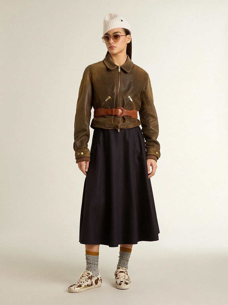 Women’s cropped brown leather biker jacket with zip