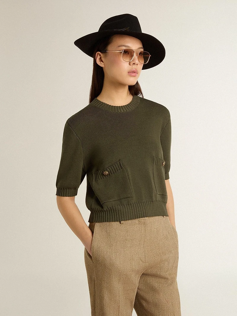 Women's short-sleeved sweater military-green cotton