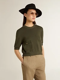 Women's short-sleeved sweater military-green cotton