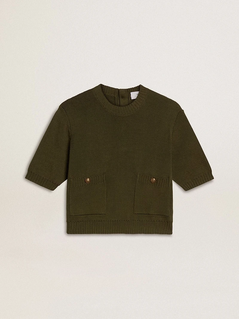 Women's short-sleeved sweater military-green cotton