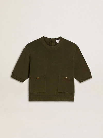 Women's short-sleeved sweater military-green cotton