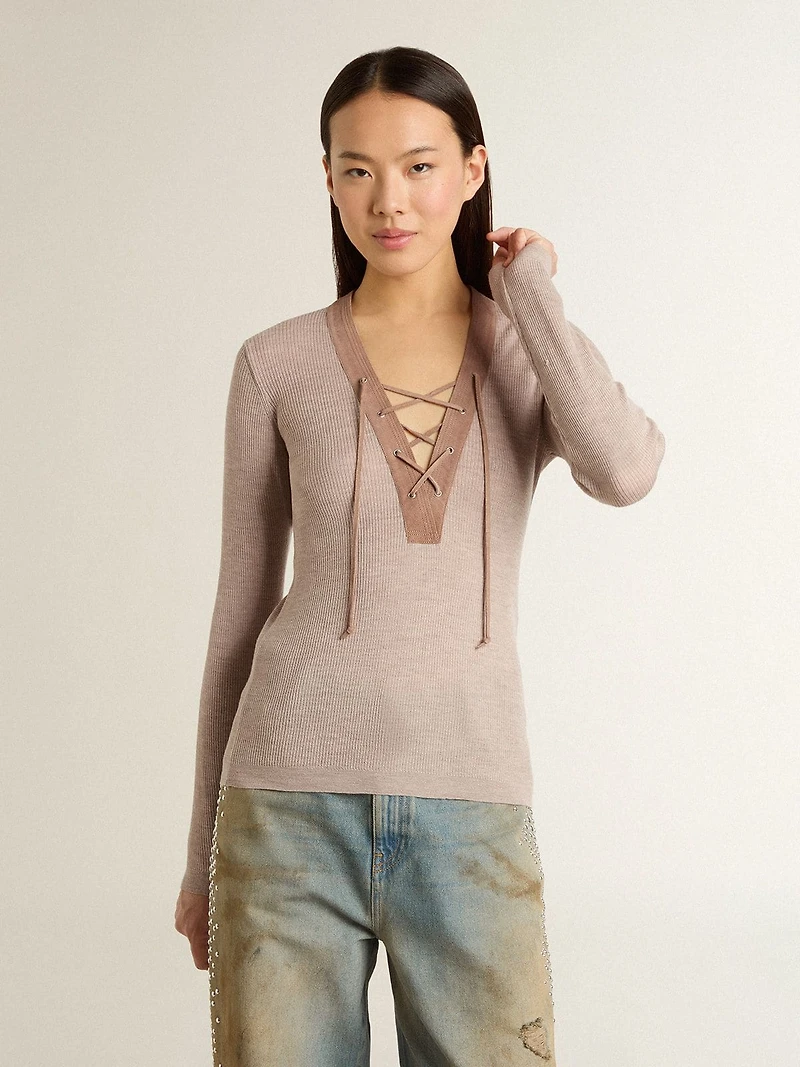 Beige wool sweater with leather details