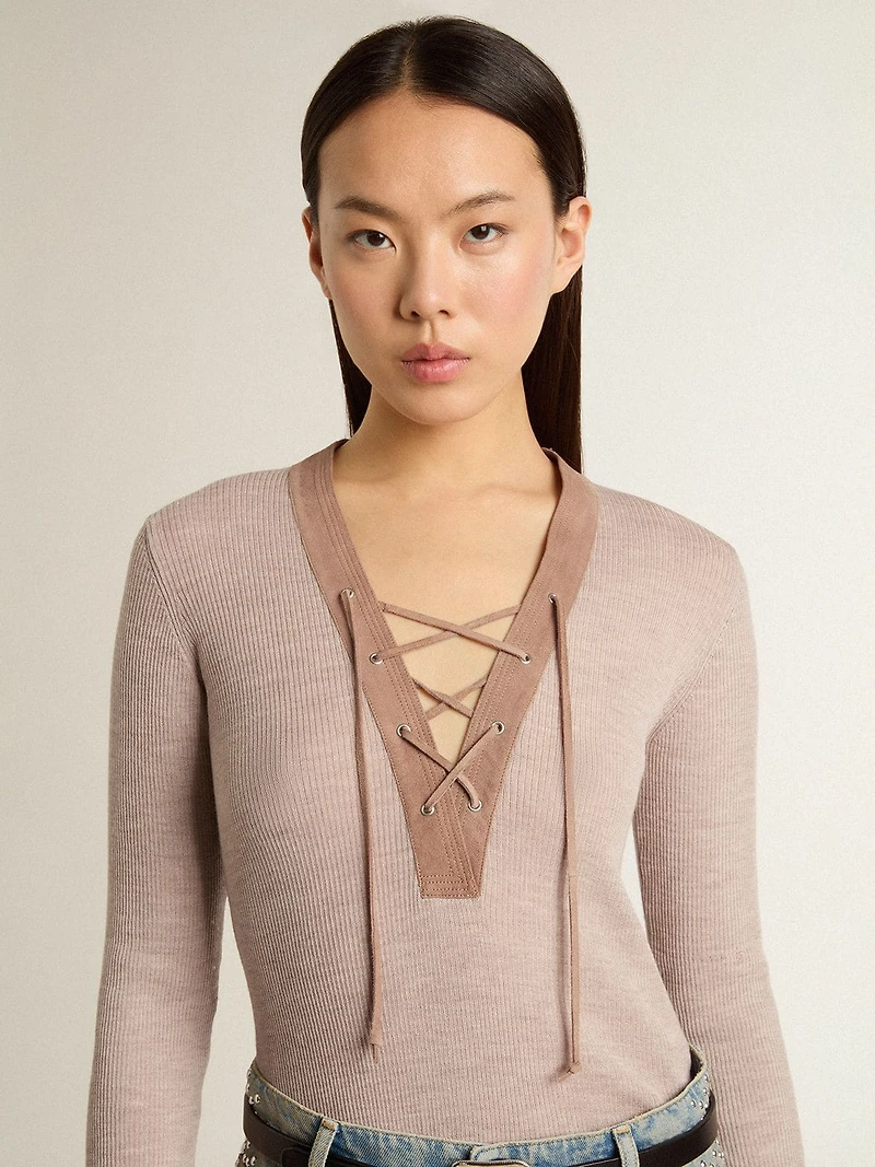 Beige wool sweater with leather details