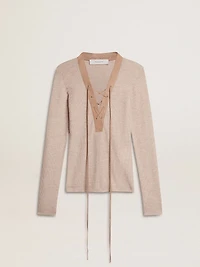 Beige wool sweater with leather details