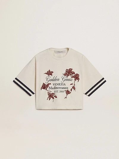 Women's oversized short T-shirt white jersey with embroidery and "Venezia Mediterraneo" print