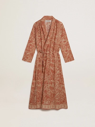 Women's kaftan cotton voile with all-over brick-red marine print