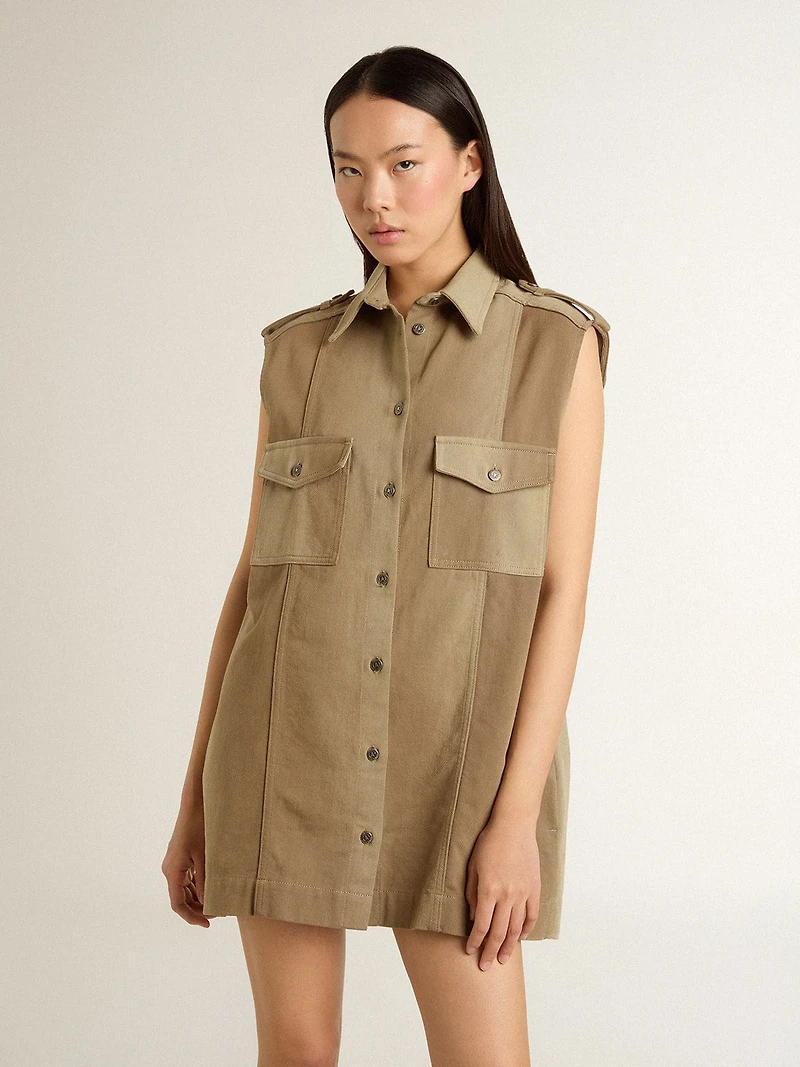 Women's shirt dress sand-colored denim with military details