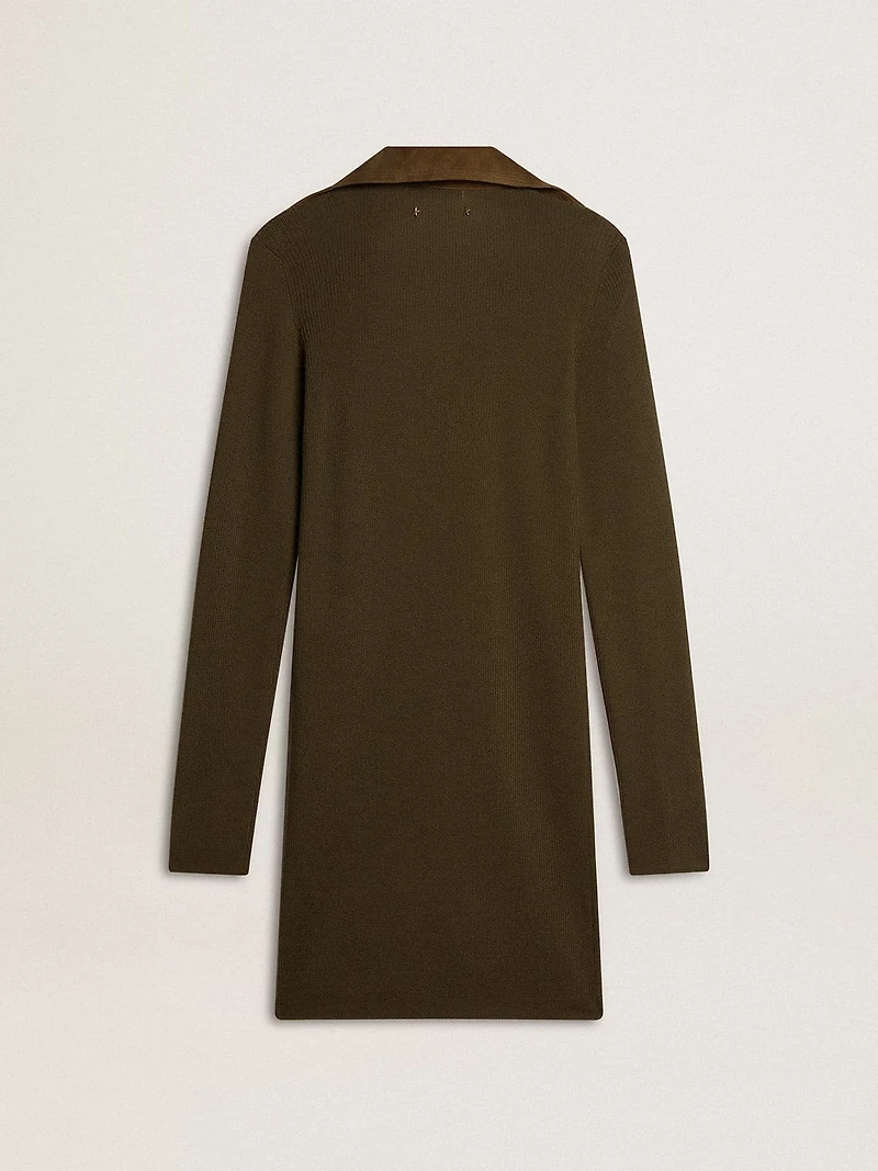 Military green wool mini dress with leather details