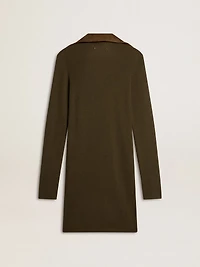 Military green wool mini dress with leather details
