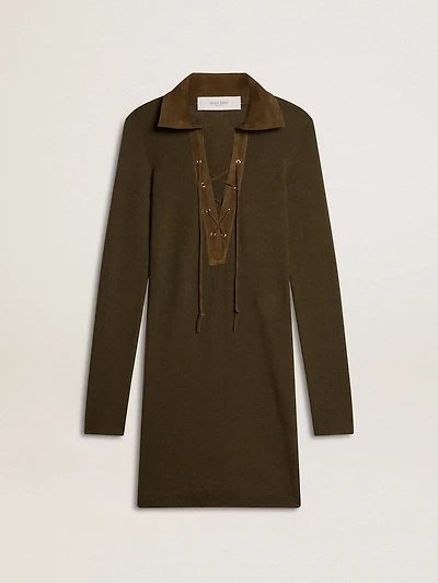 Military green wool mini dress with leather details