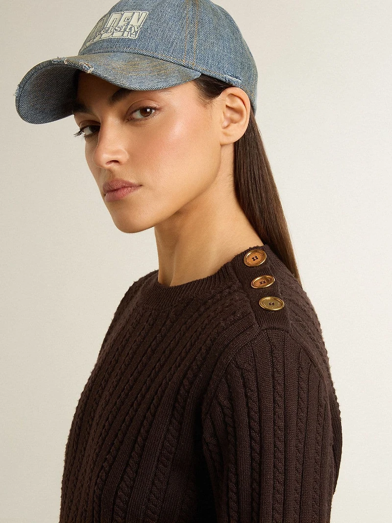 Women's crew-neck sweater wool blend with gold buttons