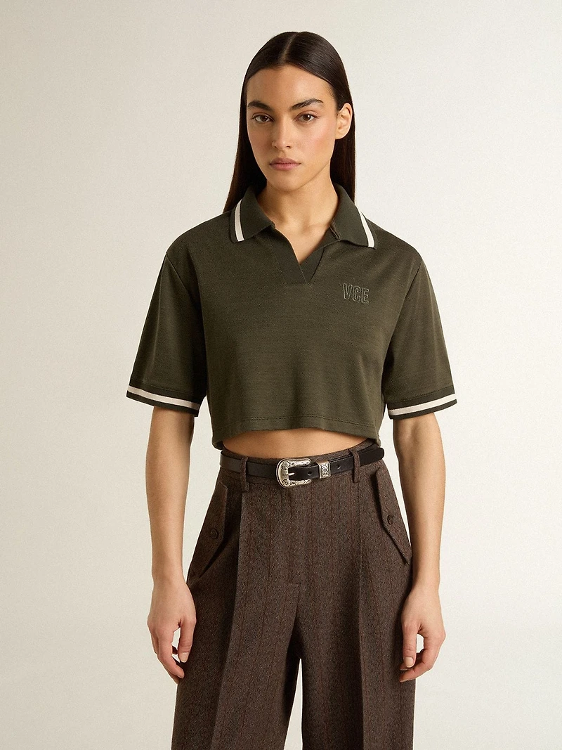 Women's cropped polo military-green jersey with embroidery