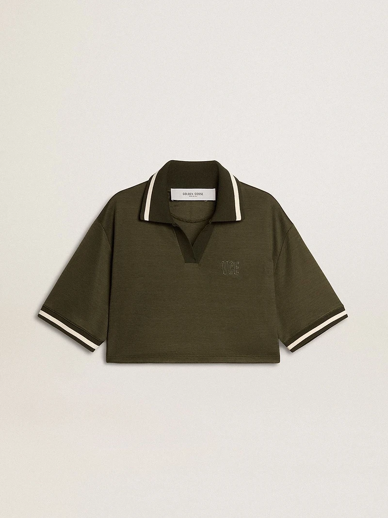 Women's cropped polo military-green jersey with embroidery