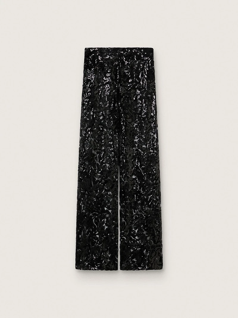 Women's tulle pants with floral embroidery black sequins