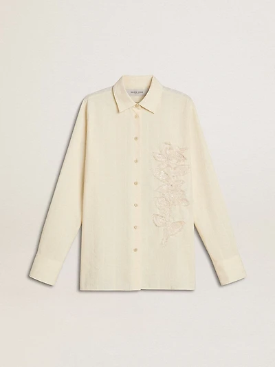 Women's cream-colored cotton shirt with floral embroidery