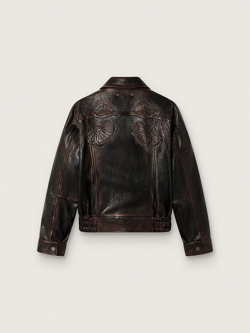 Women's bomber jacket dark burgundy nappa leather with floral embroidery