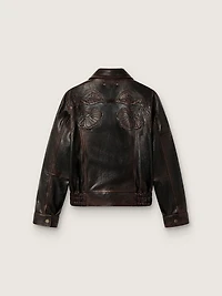 Women's bomber jacket dark burgundy nappa leather with floral embroidery