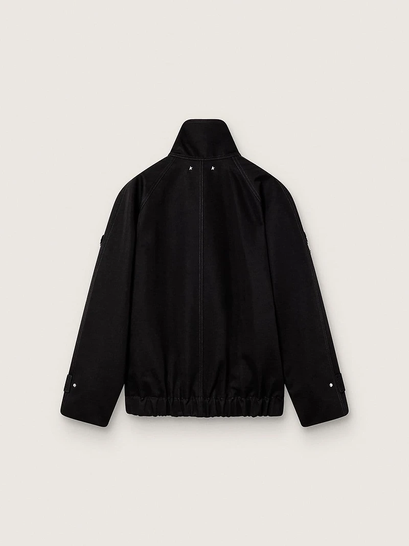 Women’s oversized jacket black cotton twill with floral sequin embroidery