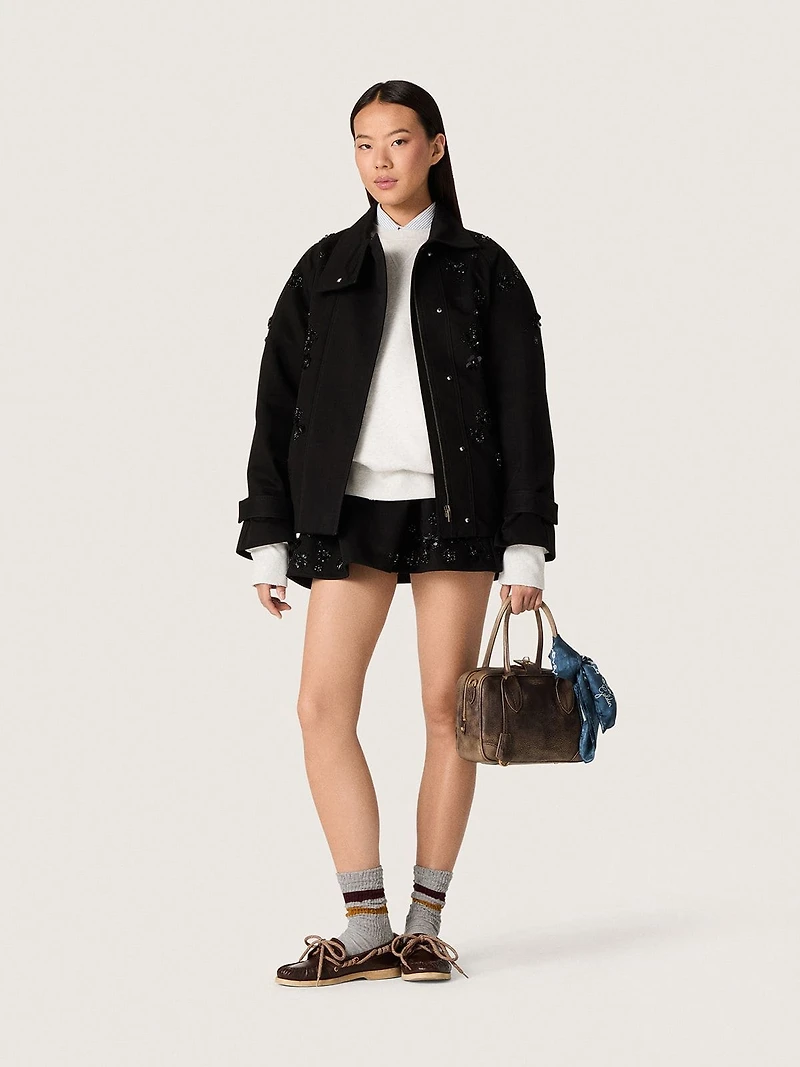 Women’s oversized jacket black cotton twill with floral sequin embroidery