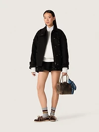 Women’s oversized jacket black cotton twill with floral sequin embroidery