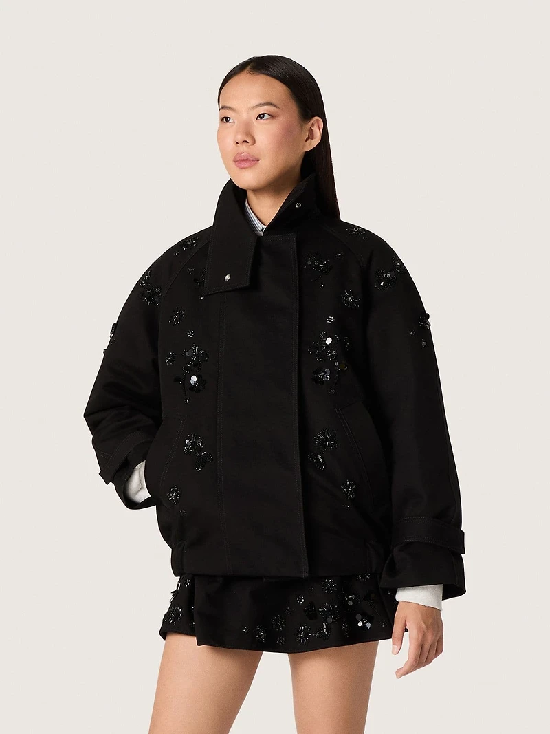 Women’s oversized jacket black cotton twill with floral sequin embroidery