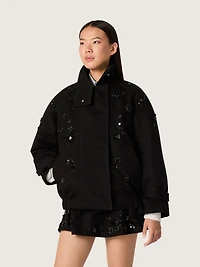 Women’s oversized jacket black cotton twill with floral sequin embroidery