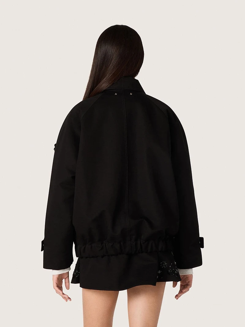 Women’s oversized jacket black cotton twill with floral sequin embroidery