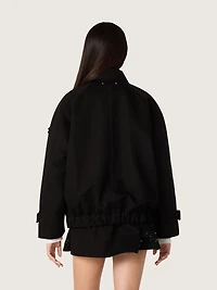 Women’s oversized jacket black cotton twill with floral sequin embroidery