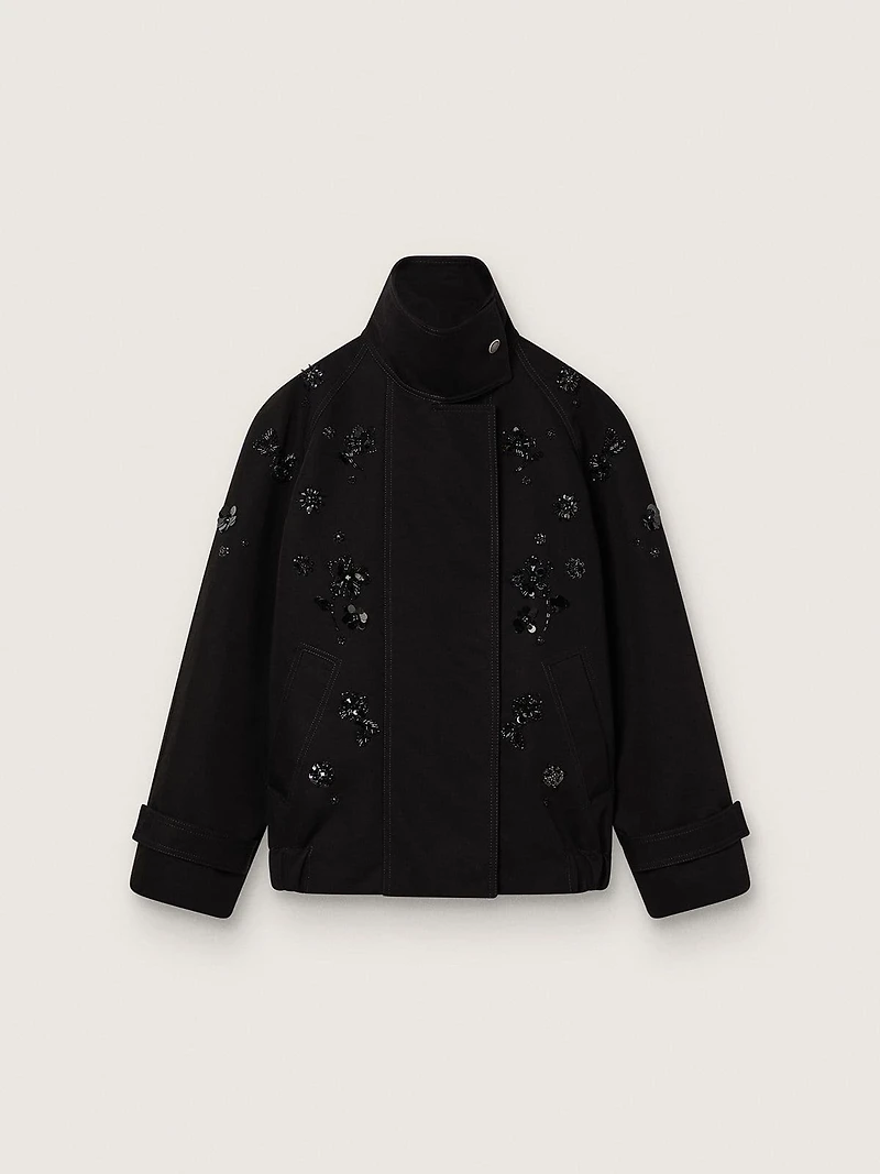 Women’s oversized jacket black cotton twill with floral sequin embroidery