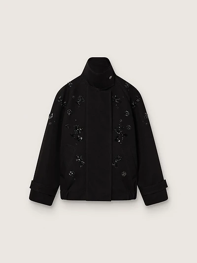 Women’s oversized jacket black cotton twill with floral sequin embroidery