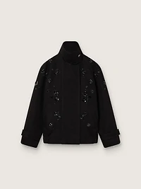 Women’s oversized jacket black cotton twill with floral sequin embroidery