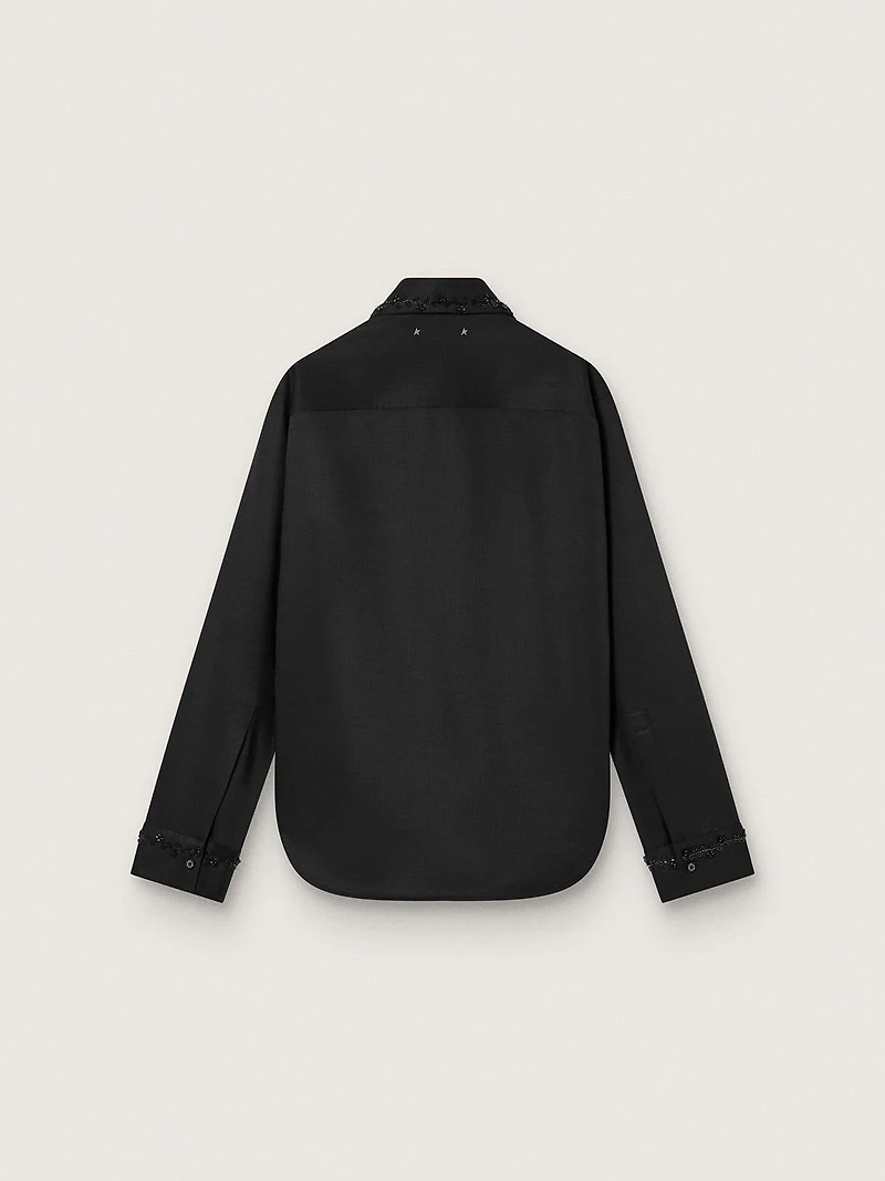 Women's shirt black wool twill with floral embroidery glass beads