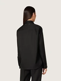 Women's shirt black wool twill with floral embroidery glass beads