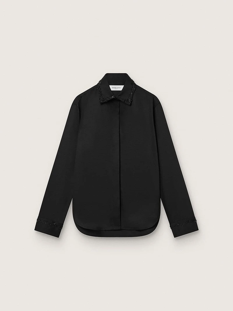 Women's shirt black wool twill with floral embroidery glass beads