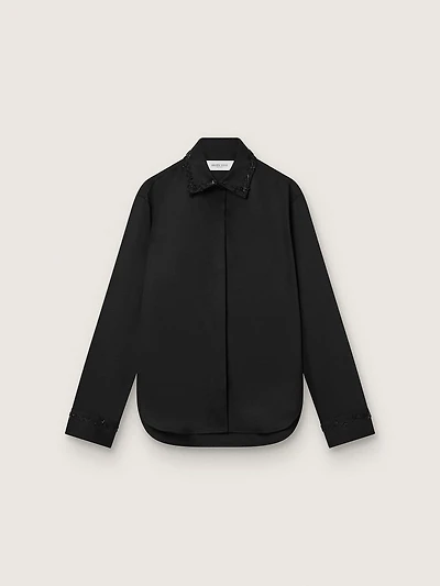 Women's shirt black wool twill with floral embroidery glass beads