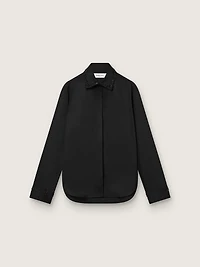 Women's shirt black wool twill with floral embroidery glass beads