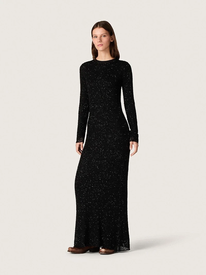 Women's long dress black mesh with sequins