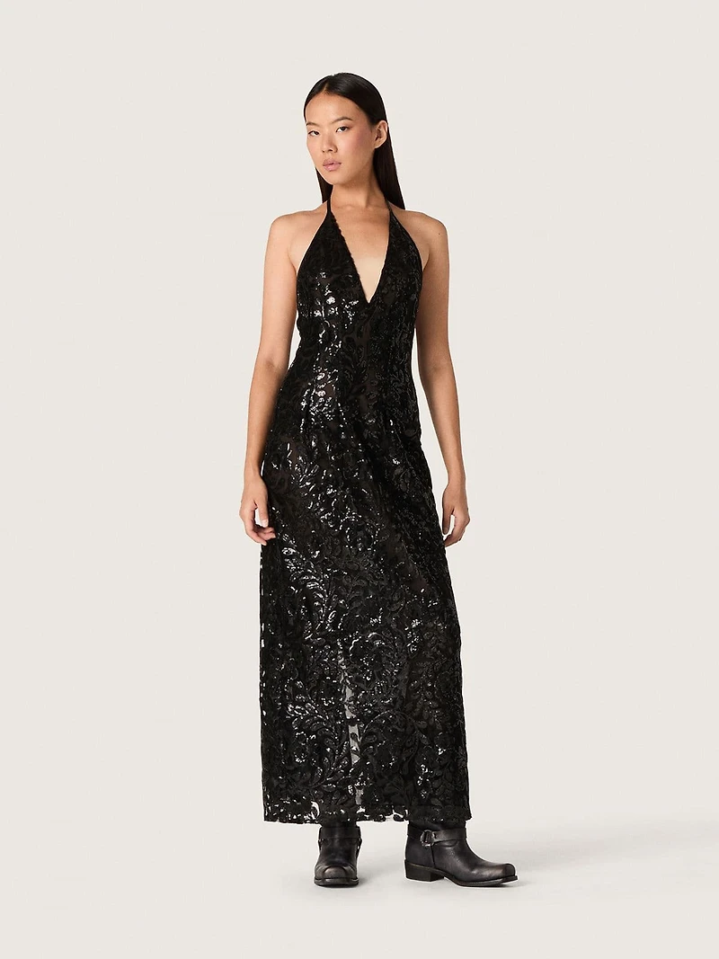 Women's long dress tulle with floral embroidery black sequins