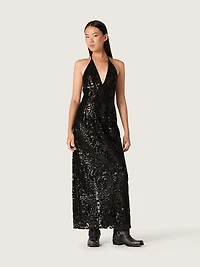 Women's long dress tulle with floral embroidery black sequins