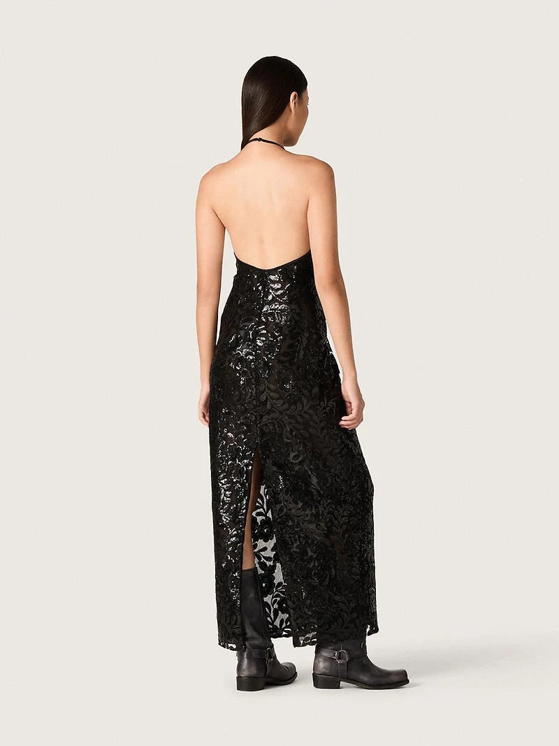 Women's long dress tulle with floral embroidery black sequins