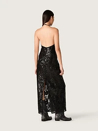 Women's long dress tulle with floral embroidery black sequins