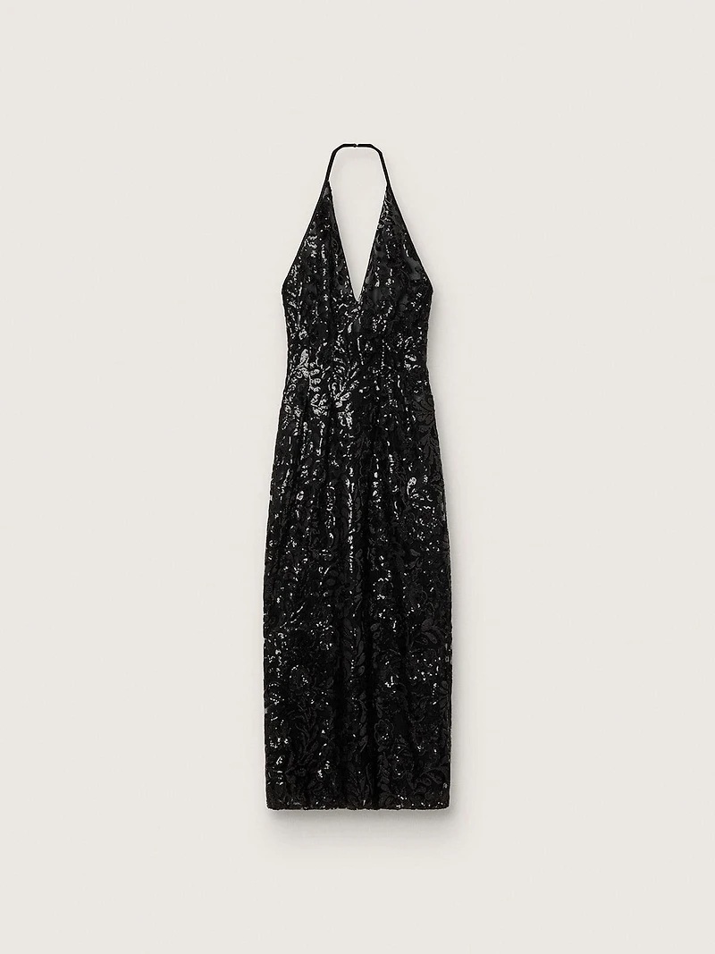 Women's long dress tulle with floral embroidery black sequins