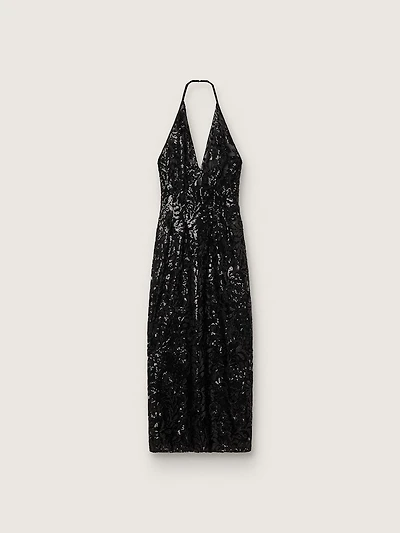 Women's long dress tulle with floral embroidery black sequins
