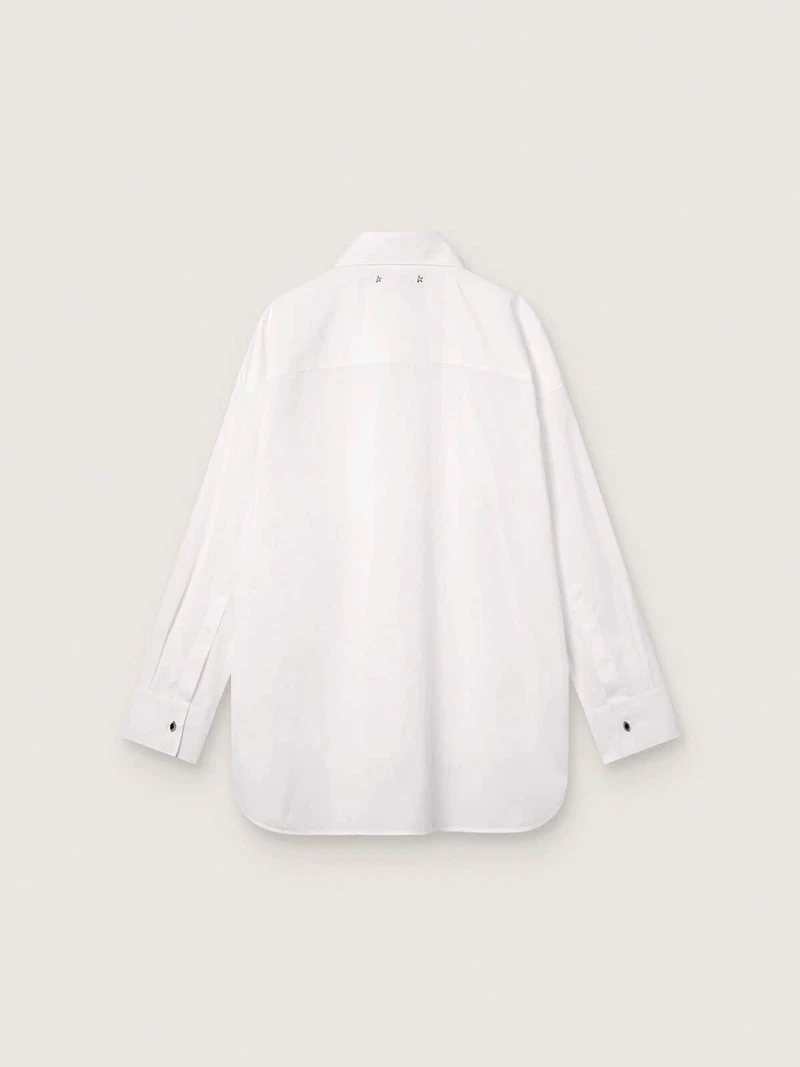 Women's oversized shirt white cotton with pleated detail and jewel buttons
