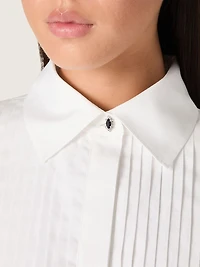 Women's oversized shirt white cotton with pleated detail and jewel buttons